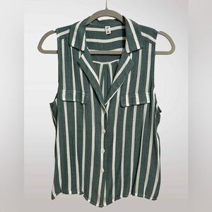 BP Green and White Striped Button-Down Sleeveless Shirt